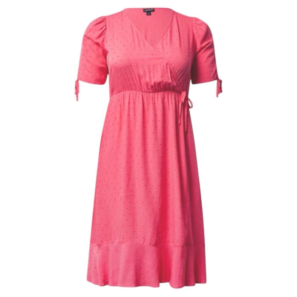 Torrid Pink Swiss Dot Midi Dress Plus Size Surplice Wrap Tie Sleeve Pockets NWT - Picture 3 of 13
